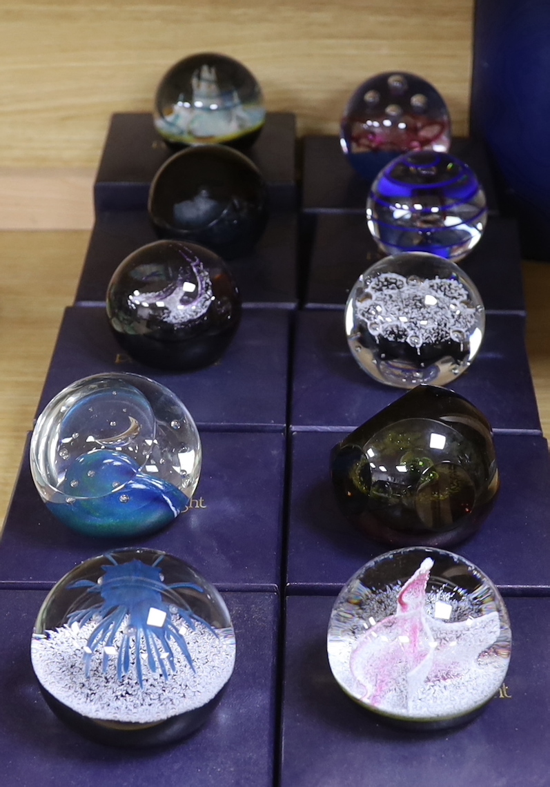Ten Caithness paperweights including Viking Flame, limited edition 216/750 and Eterna, 175/500, each with boxes, the largest 7.5cm high